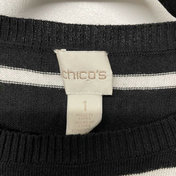 Chico's Sweater Knit Pullover Size 1 US 8/Medium Striped Navy White Layered Look - Picture 5 of 6